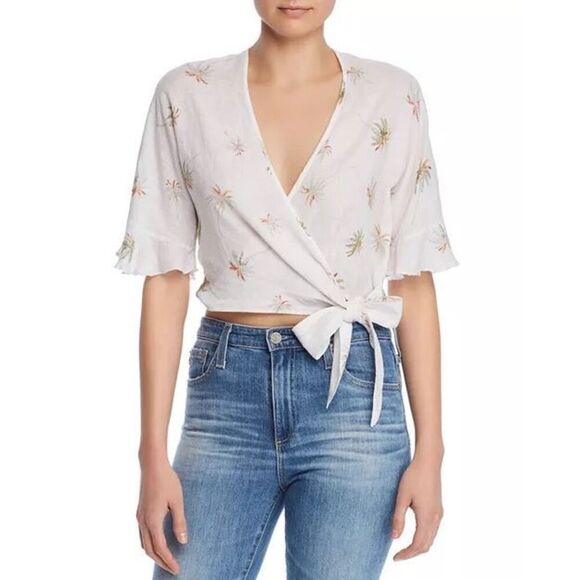 Rails linen blend white Athena Palm Print Cropped Wrap Top sz S - Picture 1 of 6